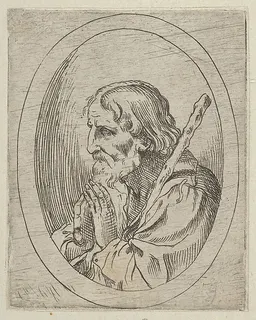 Saint Jude in prayer, seen in profile facing left with a staff resting on his shoulder, in an oval frame, from "Christ, the Virgin, and Thirteen Apostles" by Anonymous, 17th century