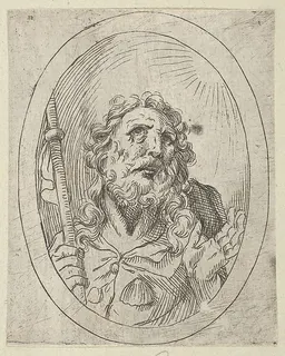 Saint James Major, looking upwards and holding a staff, from "Christ, the Virgin, and Thirteen Apostles" by Anonymous, 17th century