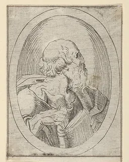 An apostle seen in profile facing right, holding an open book, in an oval frame, from "Christ, the Virgin, and Thirteen Apostles" by Anonymous, 17th century