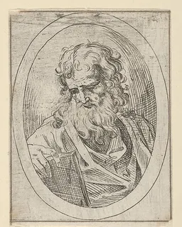 An apostle with a long beard looking down at an open book, in an oval frame, from "Christ, the Virgin, and Thirteen Apostles" by Anonymous, 17th century