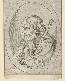 Saint Jude in prayer, seen in profile facing left with a staff resting on his shoulder, in an oval frame, from "Christ, the Virgin, and Thirteen Apostles" by Anonymous, 17th century