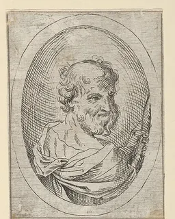 Saint Simon seen from behind, turning to the right and holding a saw, in an oval frame, from "Christ, the Virgin, and Thirteen Apostles" by Anonymous, 17th century