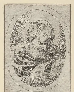 An apostle resting his head on his left hand and reading a book, in an oval frame, from "Christ, the Virgin, and Thirteen Apostles" by Anonymous, 17th century
