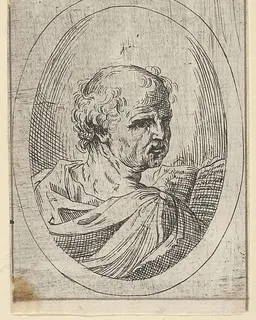 An apostle seen from behind and turning to the right, holding an open book, in an oval frame, from "Christ, the Virgin, and Thirteen Apostles" by Anonymous, 17th century