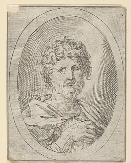 An apostle holding a closed book and looking to the left, in an oval frame, from "Christ, the Virgin, and Thirteen Apostles" by Anonymous, 17th century