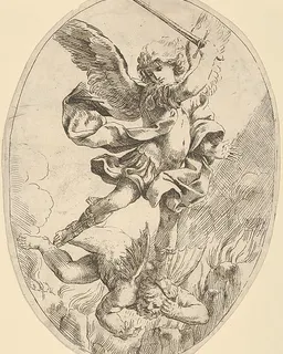 The winged archangel Saint Michael holding a sword and standing on the head of the devil, who descends into hell, an oval composition by Anonymous, 17th century