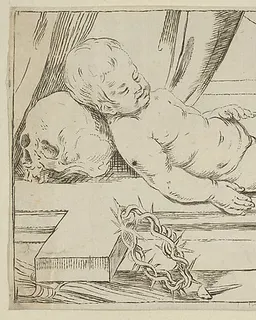 The infant Christ asleep on a cross, his head resting on a skull, a crown of thorns and nails in the foreground by Anonymous, Italian, 17th century