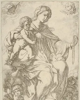 The Virgin in the clouds holding a rosary in her left hand and embracing the infant Christ, who also holds a rosary, angels surrounding them by Lorenzo Loli
