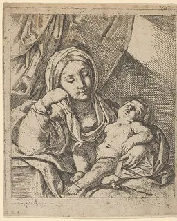 The Virgin seated, resting her head on her right hand and holding the sleeping infant Christ on her lap by Lorenzo Loli