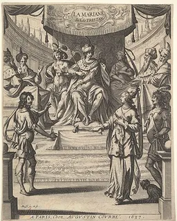 Frontispiece for "Tristan L'Hermite": Marianne standing to right before Herod and his court at top center, being accused by the butler at left of poisoning her husband by Abraham Bosse