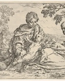 Rest on the flight into Egypt, Mary holding the infant Christ with St. Joseph at right, copy after Cantarini by Simone Cantarini