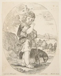 Saint John the Baptist eating a piece of fruit, an oval composition by Stefano della Bella