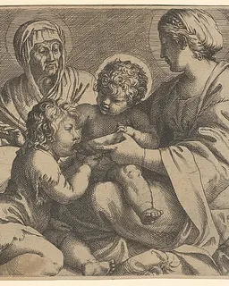 Madonna and Child with Saints Elizabeth and John the Baptist (Madonna della Scodella), the seated Mary and the infant Christ hold a cup from which the young Baptist drinks, Elizabeth lifts both hands by Annibale Carracci