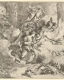 Nativity with God the Father and angels by Giovanni Benedetto Castiglione (Il Grechetto)