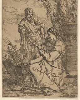 Holy Family with the Virgin reading, the Virgin sits in profile with a book in her left hand and the Child facing the viewer, Joseph stands behind them with a staff in his right hand by Giulio Carpioni