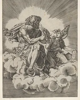 St. Matthew, seated on a cloud with legs crossed and dipping a quill into an inkwell held by an angel, who also holds an inscribed scroll, from a series of the four evangelists after Agostino Veneziano, which are in turn after Giulio Romano by Anonymous, Italian, 16th century