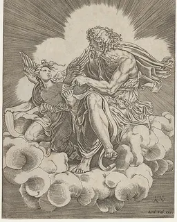 St. Matthew, seated on a cloud and dipping a quill into an inkwell held by an angel, who is also holding a scroll, from a series of the four evangelists after Giulio Romano by Agostino Veneziano (Agostino dei Musi)
