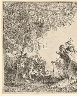 Mary, helped by Joseph and an angel, stepping from a boat to the shore, an angel steadies a donkey before her, from "The Flight into Egypt" by Giovanni Domenico Tiepolo