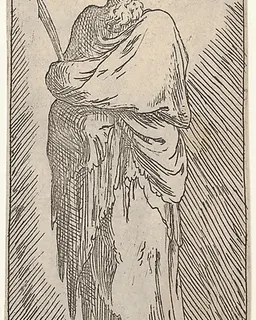 St. Bartholomew, standing in frontal view with head facing to right and holding martyr's palm with both arms, from "Christ and the Twelve Apostles" by Master F. P.