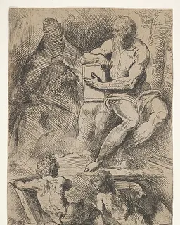 Sheet of studies with St. Jerome, seated at right and resting his right forearm on a book, at left an ecclesiastical figure wearing a cope and miter, and at bottom two putti by Jacopo Palma the Younger