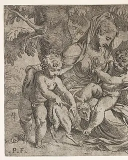 Seated Virgin and Child with Saint John the Baptist and a lamb on a hillside by Orazio Farinati