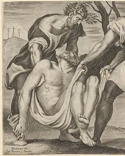 Entombment of Christ, two men lifting Christ into a tomb, with a shroud underneath the body, three crosses on Golgotha beyond by Giacomo Piccini