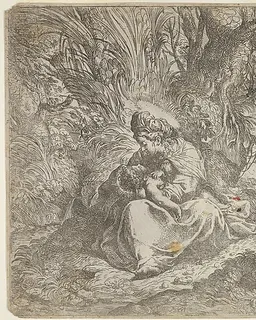 Rest on the flight into Egypt, the Virgin seated on grass in a grove with the Christ Child in her lap, at right Joseph reclines and points toward them, a donkey beyond Joseph by Camillo Procaccini