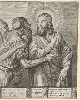The Tribute Money: two Pharisees, one holding out a coin in his right hand, approach Christ from the left by Martino Rota