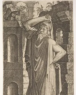 St. Philip(?), standing with his left hand on his hip and his right hand resting on his head, from "Christ and the Twelve Apostles" by Lambert Suavius