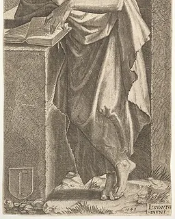 St. Simon standing before an open book with the fingers of his left hand pressed onto the pages, from "Christ and the Twelve Apostles" by Lambert Suavius