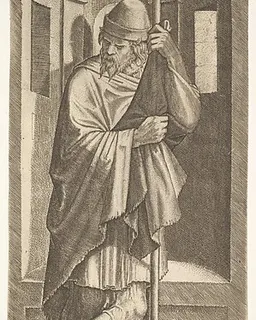St. James Major leaning on a pole before a niche, from "Christ and the Twelve Apostles" by Lambert Suavius