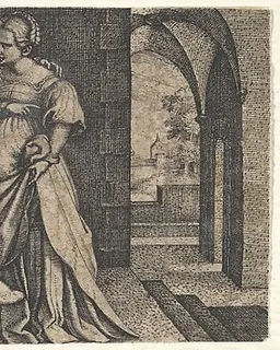 Sarah presenting Hagar to Abraham, who sits at the foot of a bed, from "The Story of Abraham" by Georg Pencz
