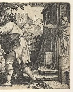 Abraham sending away Hagar and Ishmael: Abraham holds forth a vessel as Hagar and Ishmael stride before him, from "The Story of Abraham" by Georg Pencz