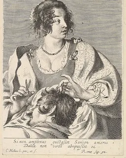 Delilah preparing to cut Samson's hair with scissors in her right hand, below her chest are the head and shoulders of the sleeping Samson by Claude Mellan