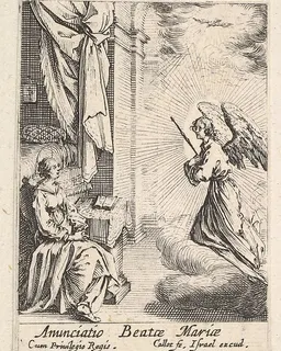 Annunciation, with angel approaching the seated Mary from the left, and the dove of the Holy Spirit above by Jacques Callot