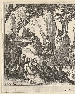 Saint John Preaching in the Desert (Saint Jean Préchant dans le Désert), with arm upraised, surrounded by male and female figures in a rocky setting by Jacques Callot