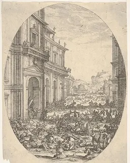 The Massacre of the Innocents, with architectural facades at left and right, an oval composition by Jacques Callot