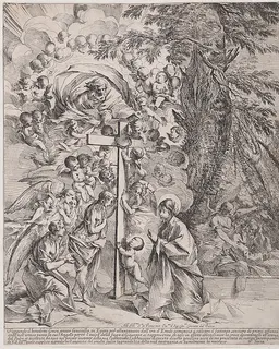 The dream of St Joseph, who is sleeping at the right, the Virgin and Child by a cross surrounded by angels and many putti and with God the Father above by Pietro Testa