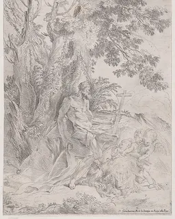 Saint Jerome before a crucifix accompanied by a lion and three putti by Pietro Testa