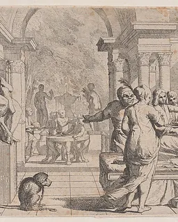 The prodigal son seated on a couch being served wine, revelers in the background, a monkey wearing a collar and chain in the lower left, from a series of four prints by Pietro Testa