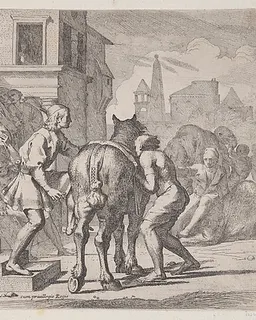 The departure of the prodigal son, shown at about to mount his horse, from a series of four prints by Pietro Testa