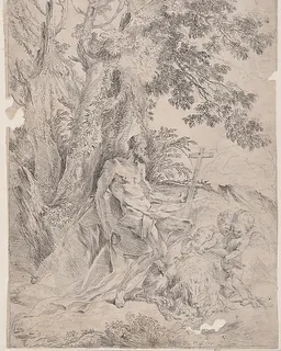 Saint Jerome before a crucifix accompanied by a lion and three putti by Pietro Testa