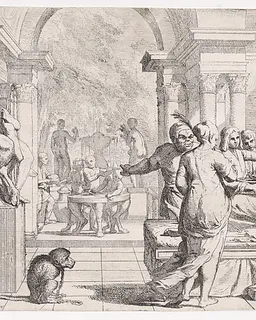 The Prodigal Son Seated on a Couch Being Served Wine, Revelers in the Background, a Monkey Wearing a Collar and Chain in the lower left by Pietro Testa