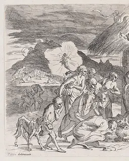 The adoration of the shepherds who gather at left, angels holding a banderole upper right by Anonymous, 18th century