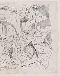 The adoration of the shepherds who gather at left, angels holding a banderole upper right by Anonymous, 18th century