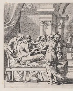 The prodigal son seated on a couch being served wine, revelers in the background, a monkey wearing a collar and chain in the lower right by Anonymous, 17th century