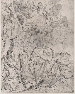 Saint Peter standing in the centre surrounded by Apostles distraught at the death of Christ who is shown ascending from the tomb in the upper section by François Collignon