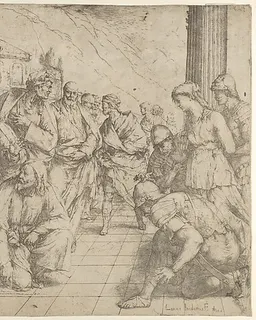 Christ kneels and writes on the pavement at center and a woman taken in adultery by three soldiers at right by Luca Giordano