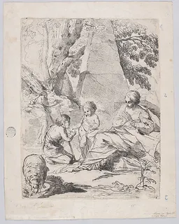 The Virgin at the right with the Christ Child and St John the Baptist at left, a pyramid structure in the background by Anonymous, 18th century