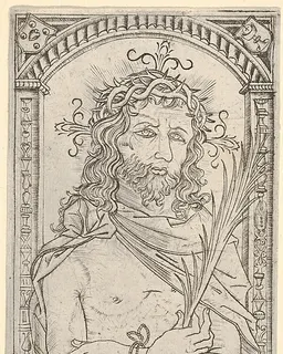 Christ as the man of sorrows set within an ornate frame by Nicoletto da Modena